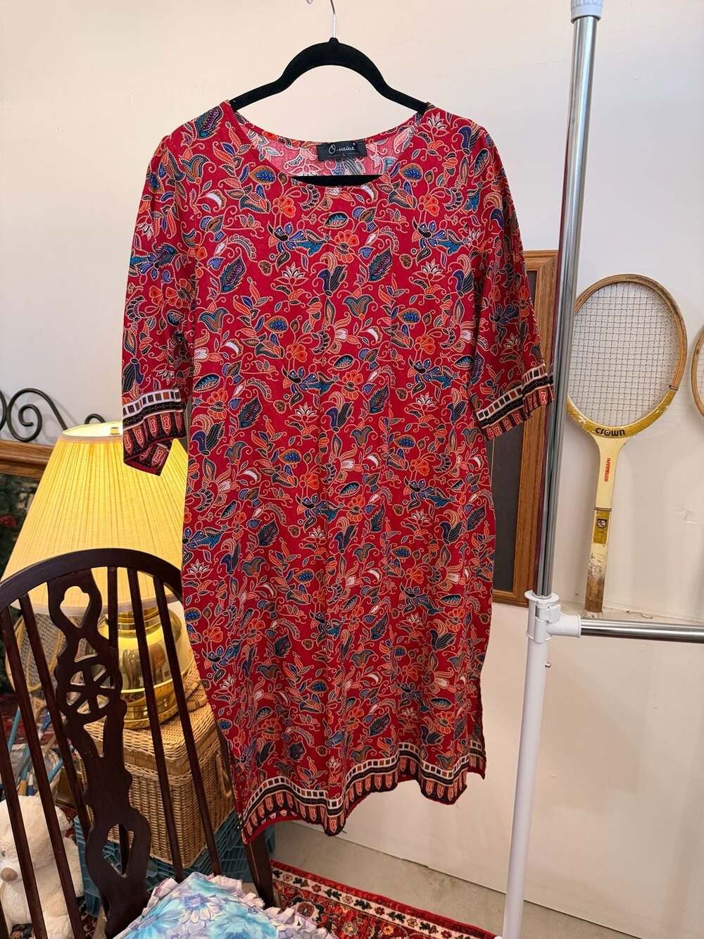 Cotton Red Floral Print Batik Tunic Dress Boho Shift Dress Asian Paisley Size L